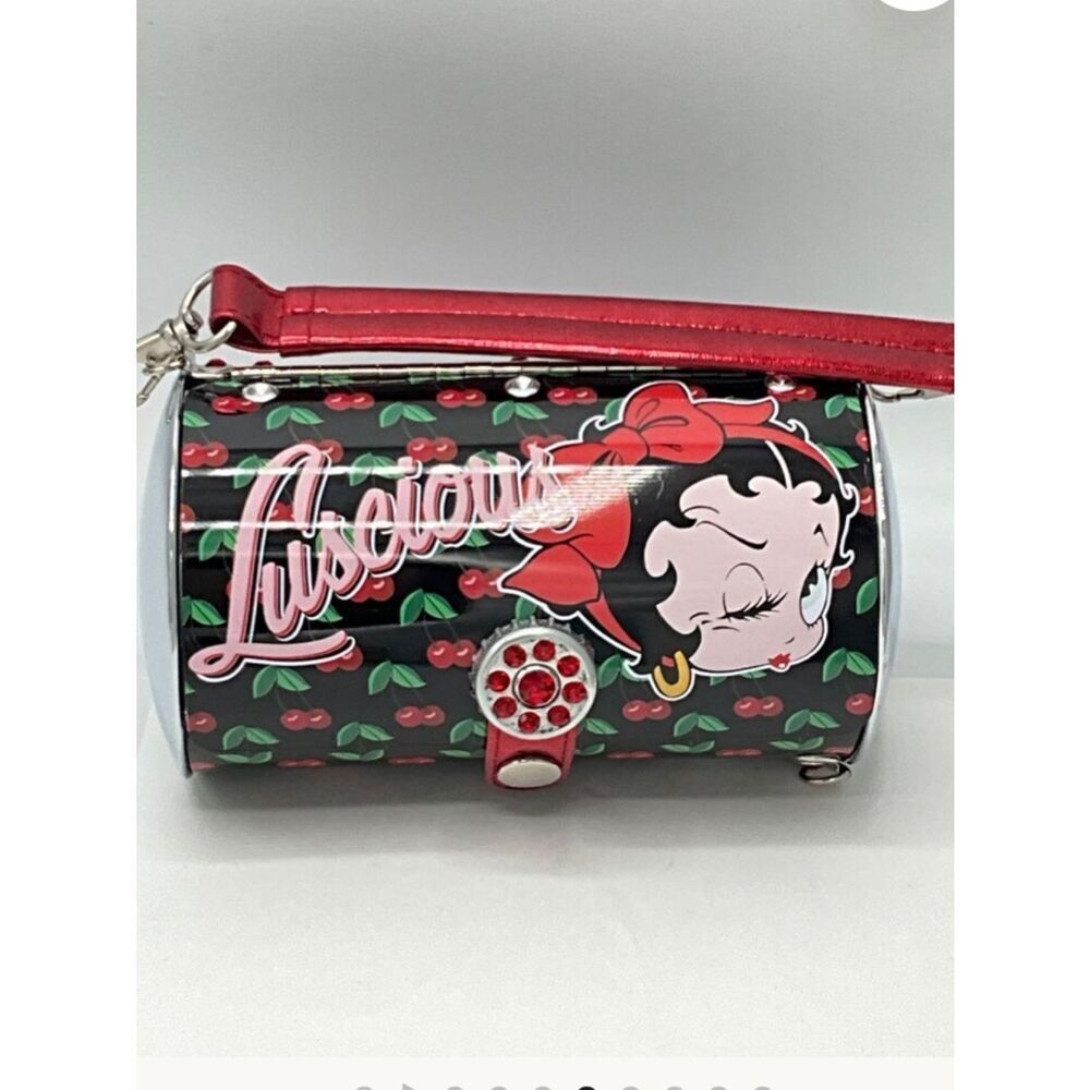 Betty Boop collectors Black Cherry Print Tin Wristlet Purse with Red Accents